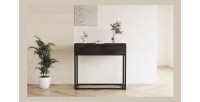 Console de salon avec tiroir style industriel en bois massif exotique de Mangolia noir et structure métal. Collection MADEIRO