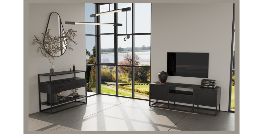 Console de salon avec tiroir et étagère de style industriel en bois massif exotique de Mangolia noir. Collection MADEIRO