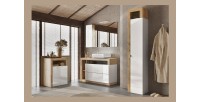Armoire de salle de bains, 1 porte, 5 étagères, collection BURA. Coloris blanc brillant laqué et chêne clair