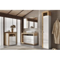 Armoire de salle de bains, 1 porte, 5 étagères, collection BURA. Coloris blanc brillant laqué et chêne clair