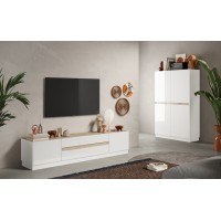 Meuble TV 205cm collection FANZY. Coloris blanc laqué et chêne clair, idéal dans un salon design
