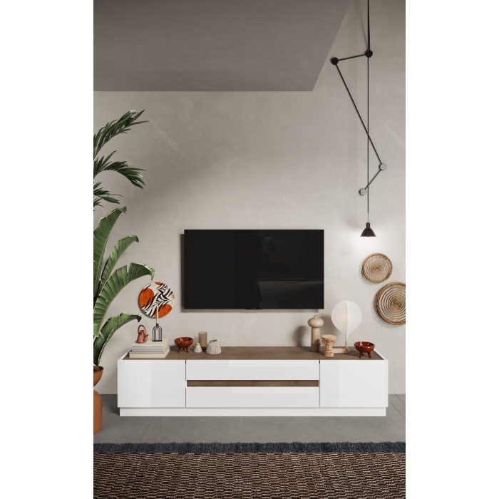 Meuble TV 205cm collection FANZY. Coloris blanc laqué et chêne clair, idéal dans un salon design