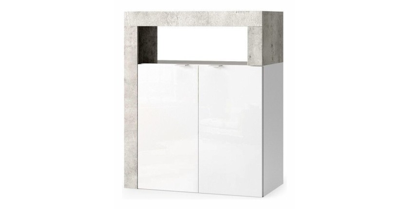 Meuble de salle de bains, 2 portes et 2 étagères, collection BURA, coloris blanc brillant laqué et gris aspect béton