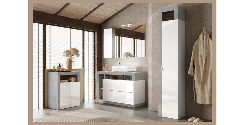 Meuble de salle de bains, 2 portes et 2 étagères, collection BURA, coloris blanc brillant laqué et gris aspect béton