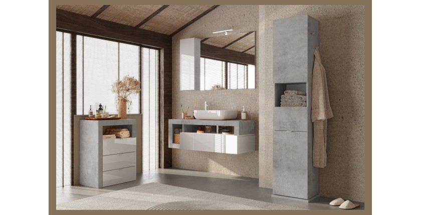 Commode de salle de bains large 64cm, 3 tiroirs, collection BURA. Coloris blanc brillant laqué et gris aspect béton