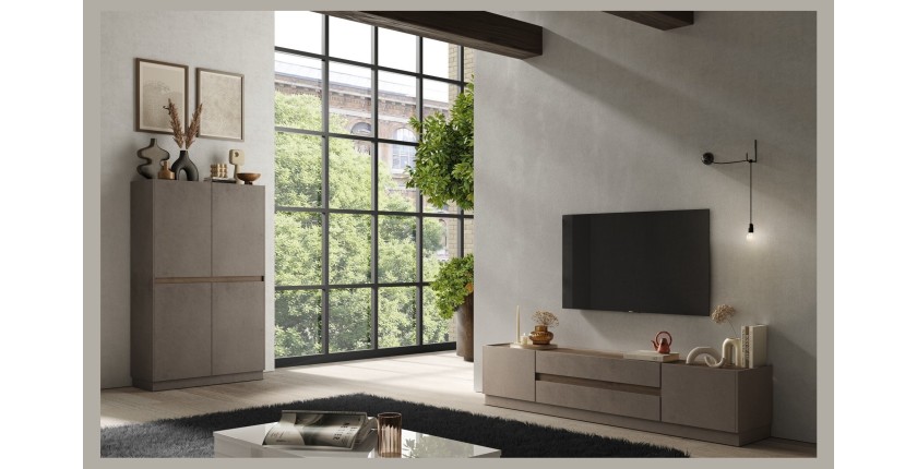 Meuble TV 205cm collection FANZY. Coloris marron et chêne foncé, idéal dans un salon design