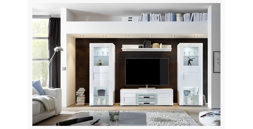 Meuble tv 138cm, 2 portes, collection JET, coloris blanc laqué brillant