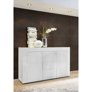 Buffet 2 portes et 3 tiroirs, collection JET, coloris blanc laqué brillant