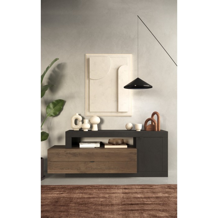 Meuble TV 1 porte 2 tiroirs collection DOMI. Coloris gris anthracite \ chêne foncé, idéal dans un salon design