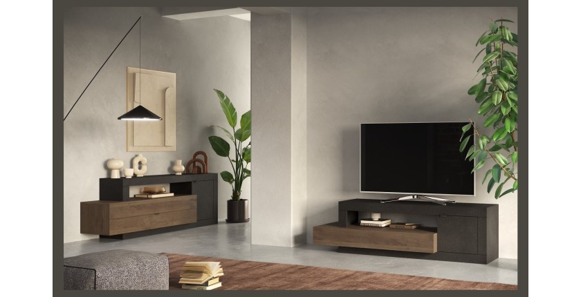 Meuble TV 1 porte 2 tiroirs collection DOMI. Coloris gris anthracite \ chêne foncé, idéal dans un salon design