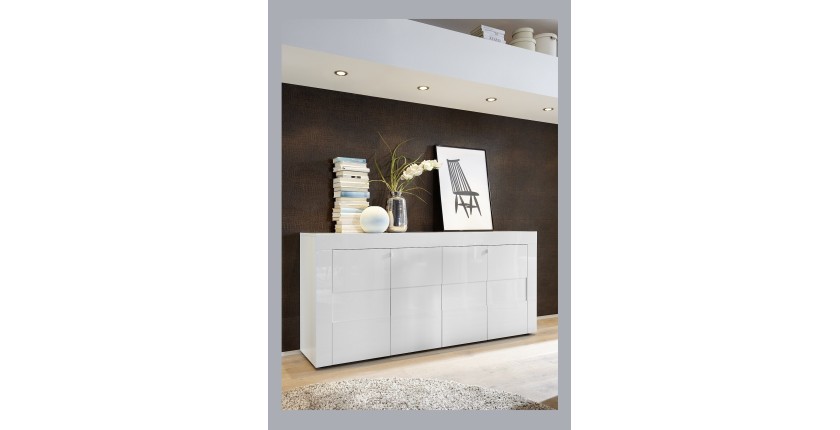 Buffet 4 portes 181cm, collection JET, coloris blanc laqué brillant