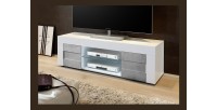 Meuble tv 138cm, 2 portes, collection JET, coloris blanc laqué brillant et gris aspect béton