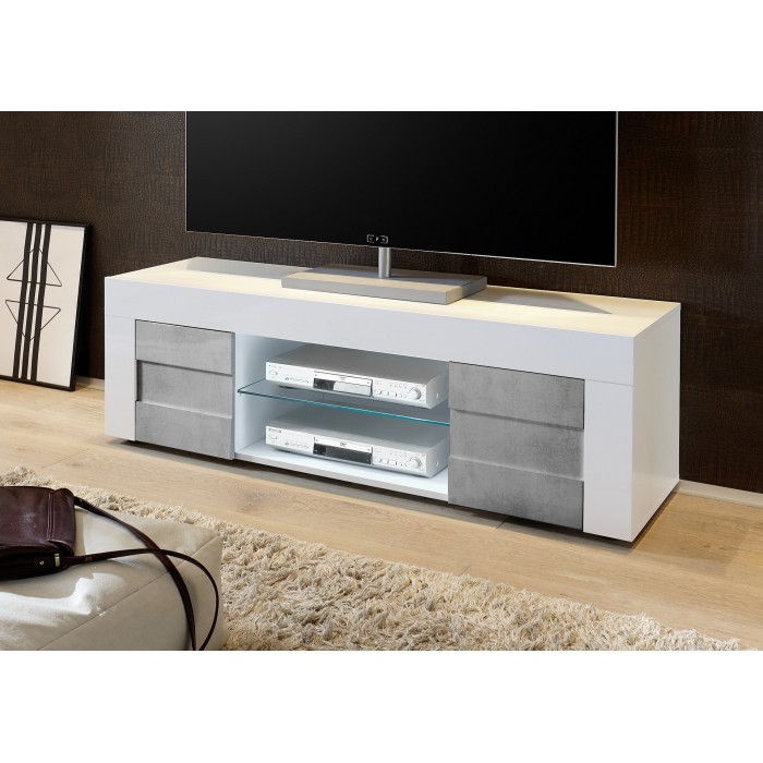 Meuble tv 138cm, 2 portes, collection JET, coloris blanc laqué brillant et gris aspect béton