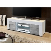 Meuble tv 138cm, 2 portes, collection JET, coloris blanc laqué brillant et gris aspect béton