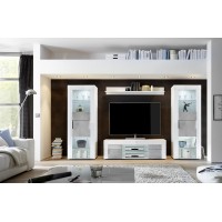 Meuble tv 138cm, 2 portes, collection JET, coloris blanc laqué brillant et gris aspect béton