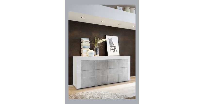 Buffet 4 portes 181cm, collection JET, coloris blanc laqué brillant et gris aspect béton