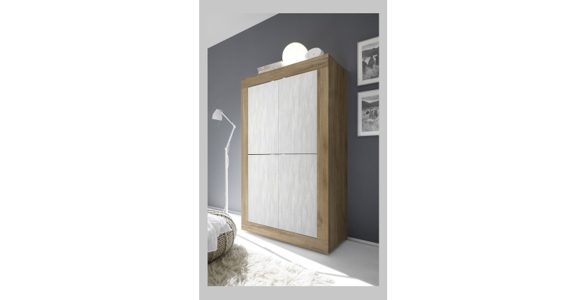 Buffet design 4 portes en bois collection ACCESS. Coloris blanc et chêne foncé