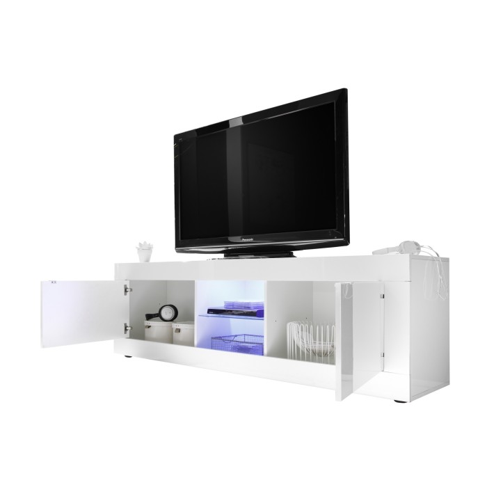 Meuble TV 2 portes, collection CISA, coloris blanc laqué brillant