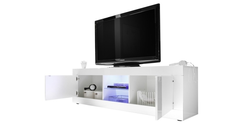 Meuble TV 2 portes, collection CISA, coloris blanc laqué brillant