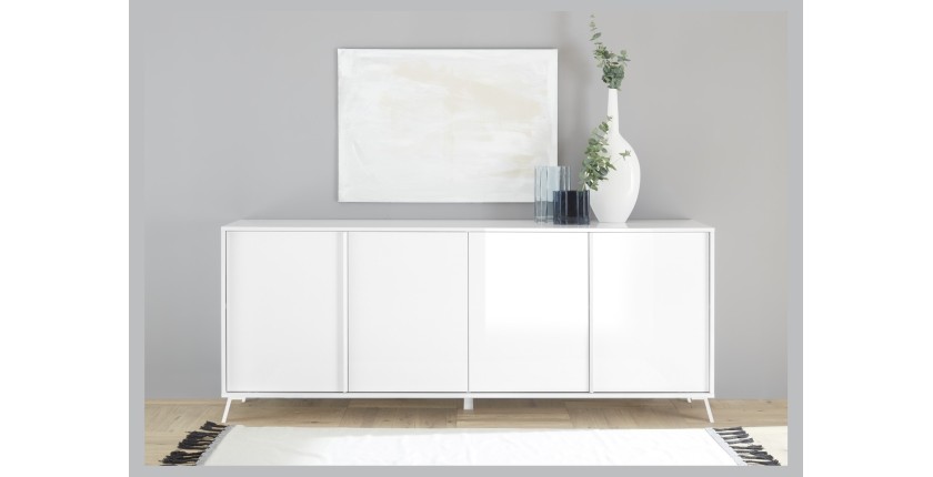 Buffet 4 portes collection SKY. Coloris blanc laqué, idéal dans une cuisine \ salle à manger design