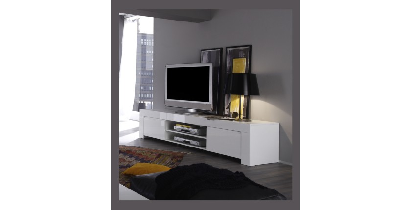 Meuble TV 2 portes, collection FOLOMI, coloris blanc laqué brillant