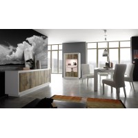 Buffet 4 portes en bois, collection FALL, coloris blanc mat laqué et chêne foncé