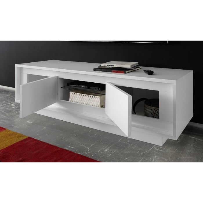 Meuble TV 116cm, 2 portes, collection FALL, coloris blanc mat laqué