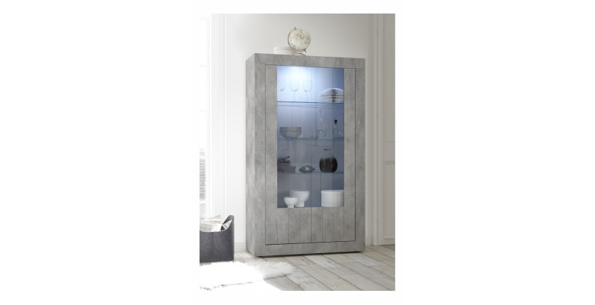 Vitrine en bois avec 2 portes en verres, collection URBAN, coloris gris aspect béton