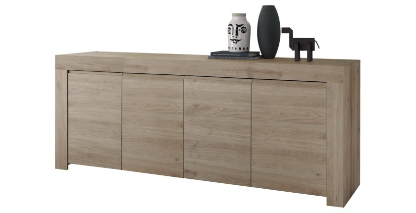 Buffet 4 portes en bois, collection ZEFIR, coloris chêne clair, parfait pour votre salon