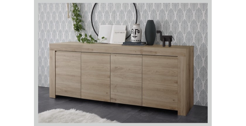 Buffet 4 portes en bois, collection ZEFIR, coloris chêne clair, parfait pour votre salon