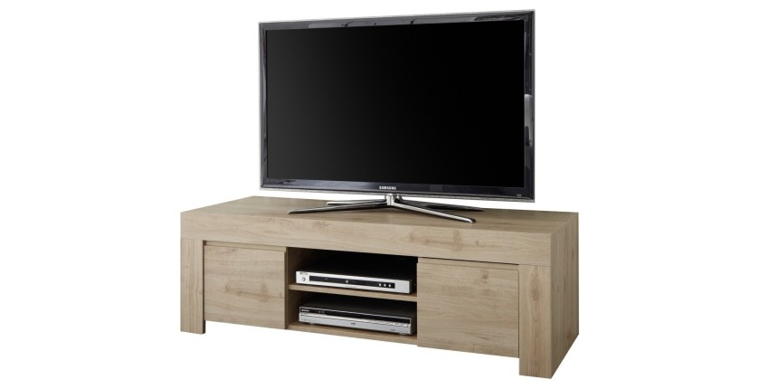 Meuble TV 2 portes, collection ZEFIR, coloris chêne clair, idéal pour un salon tendance et moderne