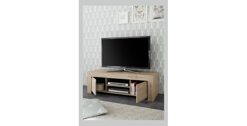 Meuble TV 2 portes, collection ZEFIR, coloris chêne clair, idéal pour un salon tendance et moderne