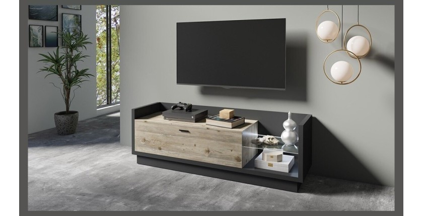 Meuble TV XL 220cm. Collection CORK. Coloris gris anthracite et pin
