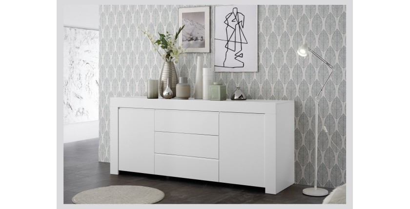 Buffet 2 portes et 3 tiroirs, collection ZEFIR, coloris blanc mat, parfait pour votre salon