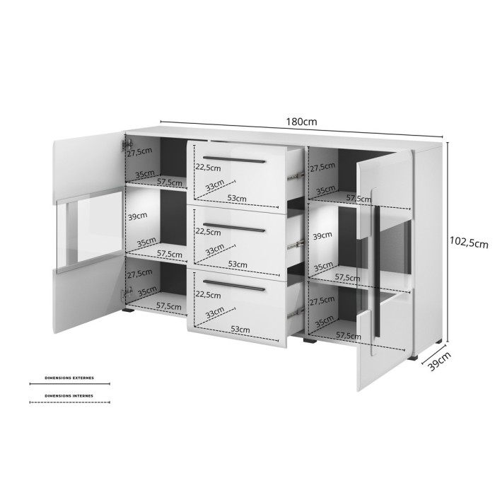 Buffet 180cm collection BREDA deux portes partiellement vitrées et trois tiroirs. Coloris blanc