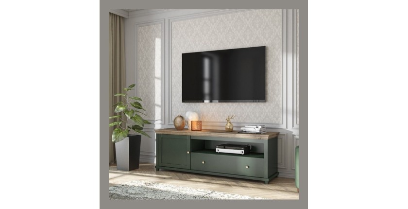 Meuble TV 180cm. Collection ASSIA. Coloris vert et chêne. 1 Porte et 1 tiroir