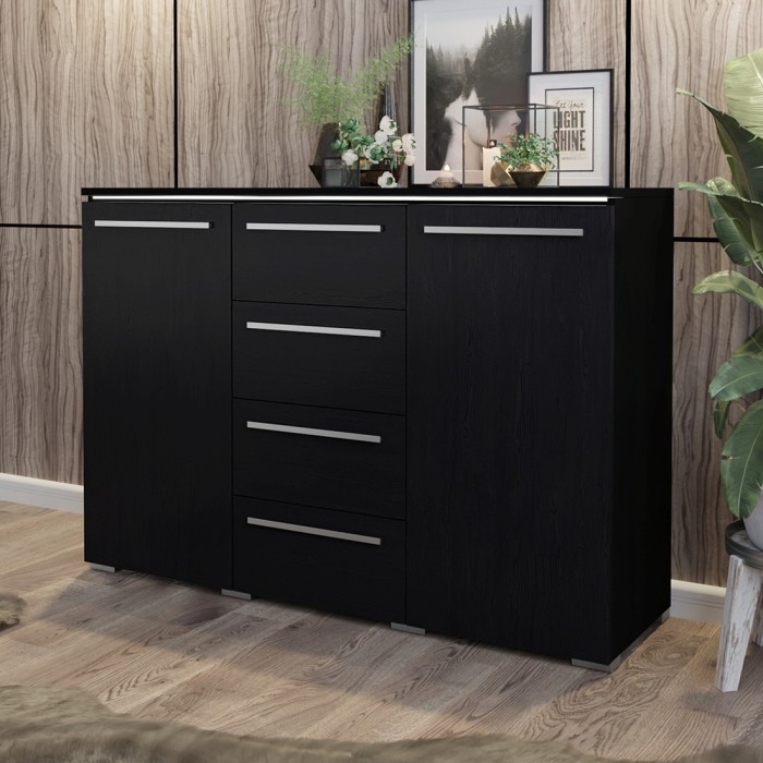 Buffet design RIO, 2 portes et 4 tiroirs. Coloris noir mat