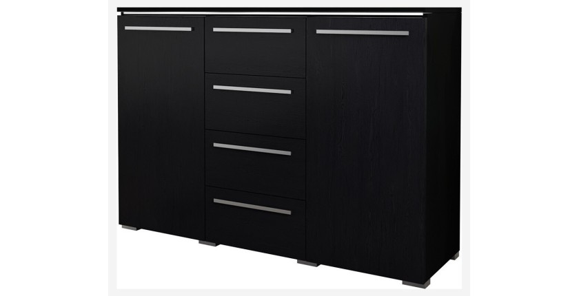 Buffet design RIO, 2 portes et 4 tiroirs. Coloris noir mat