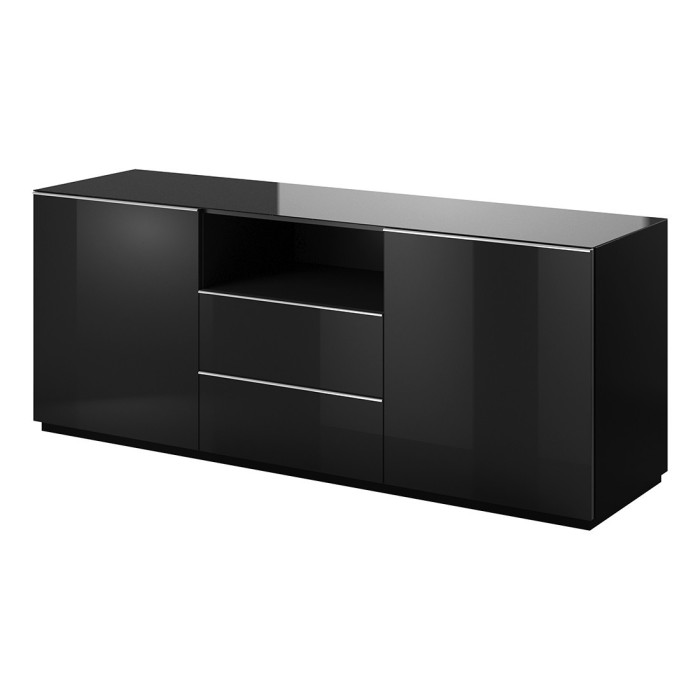 Buffet 180cm 2 portes et 2 tiroirs collection ZANTE. Coloris noir brillant pailleté