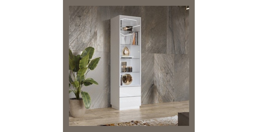 Vitrine haute, 1 porte vitrée et 2 tiroirs collection ZANTE. Coloris blanc brillant