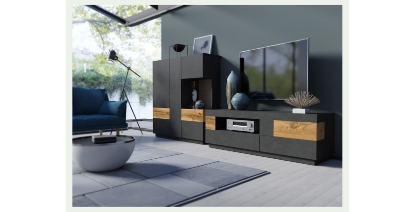 Meuble TV 160cm collection KILES. Coloris gris anthracite et chêne. Style design