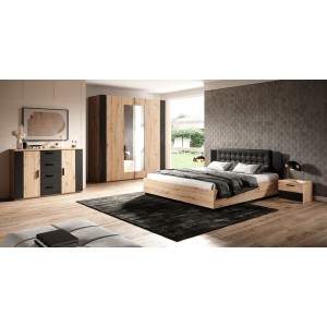 Lit adulte 180x200 coloris chêne clair et noir collection FOX