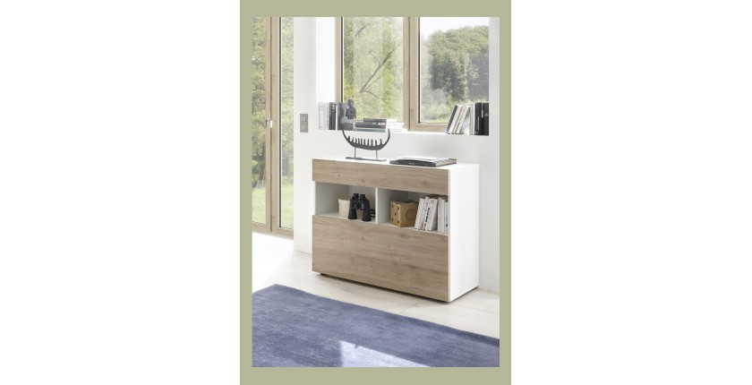 Buffet 1 tiroir et 1 porte abattante, collection SULTANO, coloris blanc et chêne clair, idéal pour votre salon