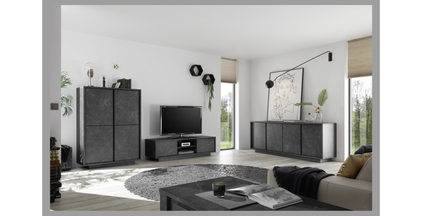 Argentier 4 portes, collection COLOMARMO, coloris noir effet marbre, idéal dans votre salon ou salle à manger