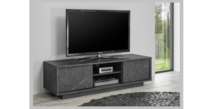 Meuble TV 2 portes, collection COLOMARMO, coloris noir effet marbre, idéal pour votre salon tendance et moderne