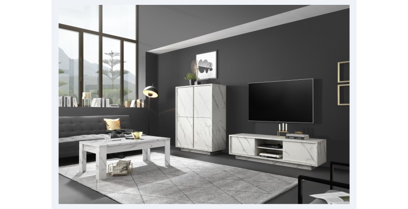 Meuble TV 2 portes, collection COLOMARMO, coloris blanc effet marbre, idéal pour votre salon tendance et moderne