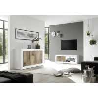 Buffet 3 portes, collection CISA, coloris blanc et chêne clair, idéal pour votre salon ou salle à manger