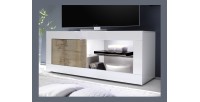 Meuble TV 1 porte, collection CISA, coloris blanc laqué brillant et chêne clair