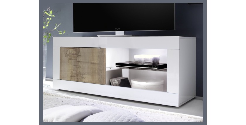 Meuble TV 1 porte, collection CISA, coloris blanc laqué brillant et chêne clair