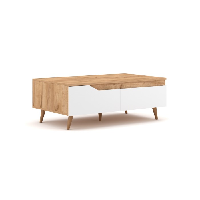 Table basse TRU 100 cm avec 1 tiroir et 1 niche, coloris chêne clair et blanc
